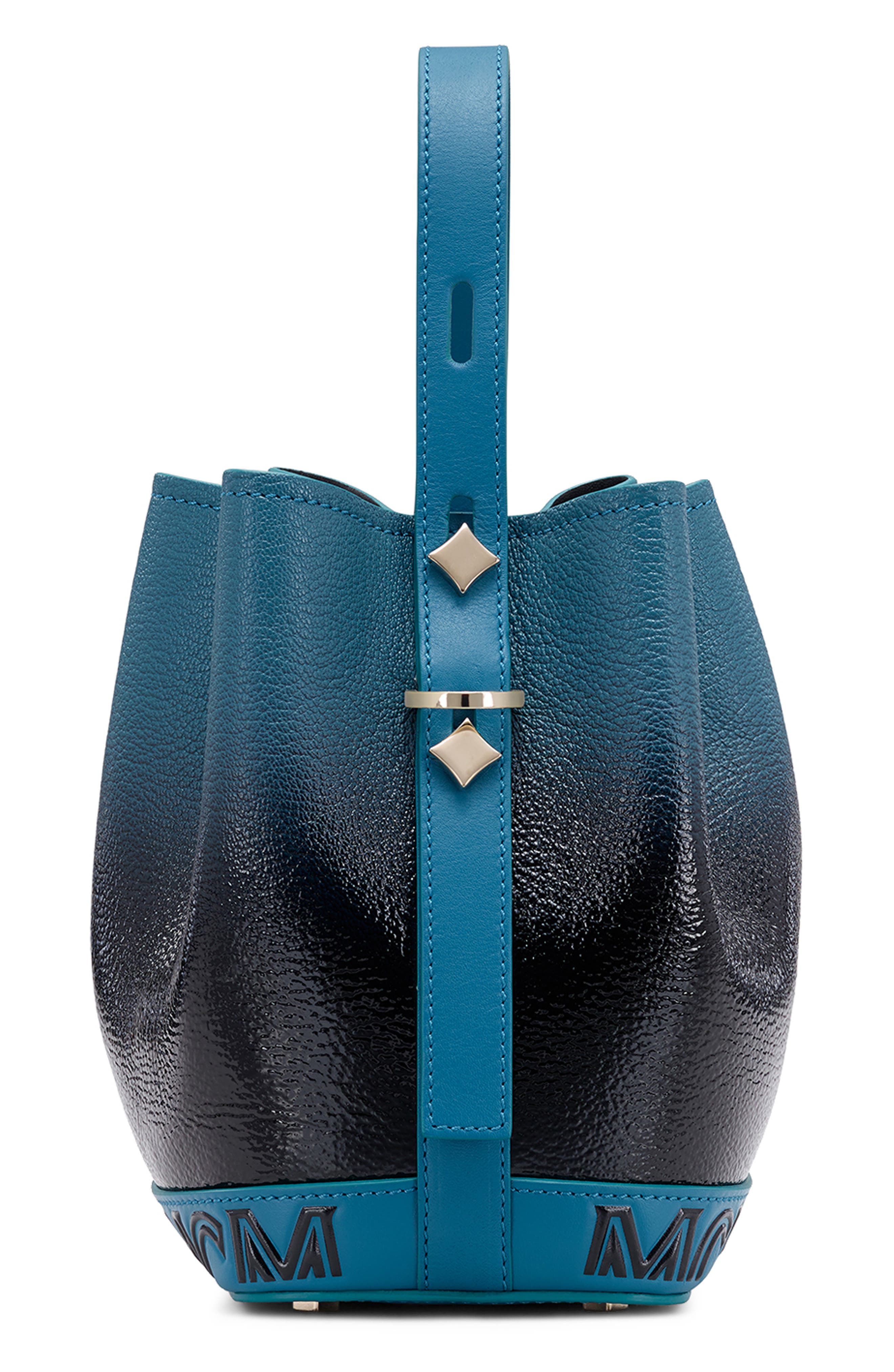 MCM Milano Logo Gradient Patent Goatskin Leather Bucket Bag, Alternate, color, 