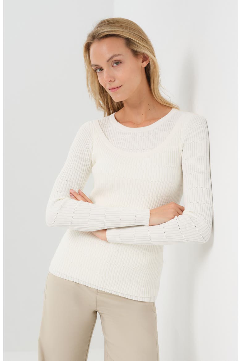 Kris Double Collared Rib Pointelle Texture Sweater, Alternate, color, Ivory
