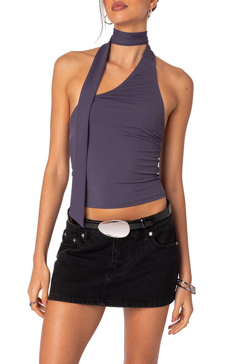 EDIKTED Melony One Shoulder Scarf Neck Knit Top, Main, color, Purple