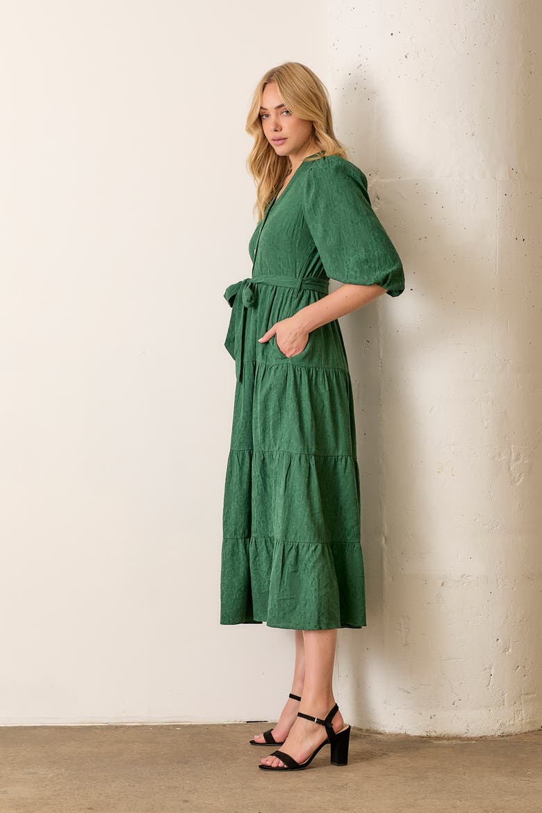 Floral Jacquard Button Front Tiered Dress, Alternate, color, Forest Green