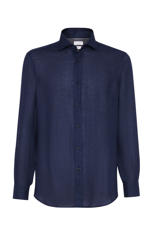 Brunello Cucinelli Men's Linen Easy Fit Shirt With Spread Collar In Navy Blue