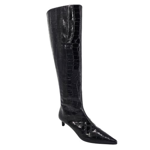 Madison Maison Tall Moc Croc Pointy Toe Kitten Heel Boot In Black