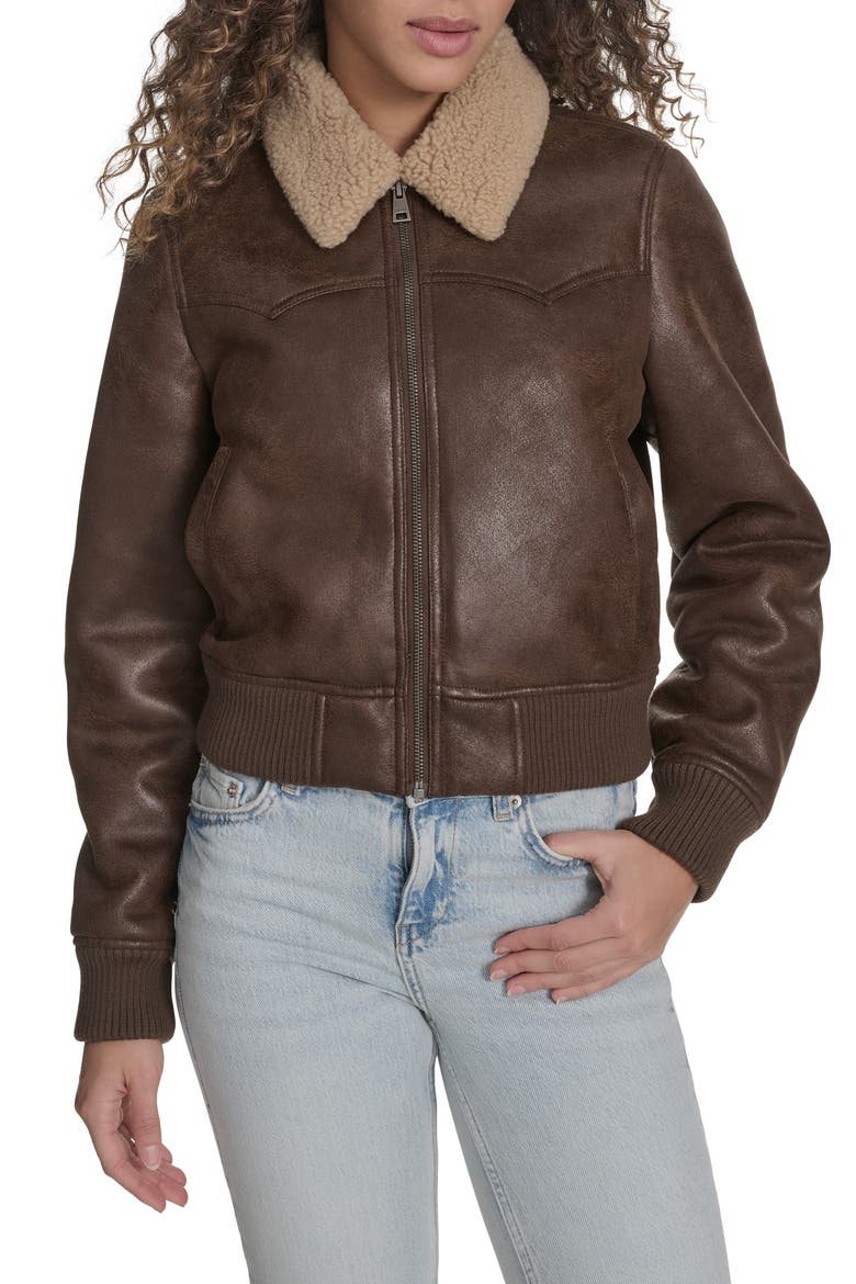Faux Shearling Trim Faux Leather Western Bomber Jacket, Main, color, COFFEE