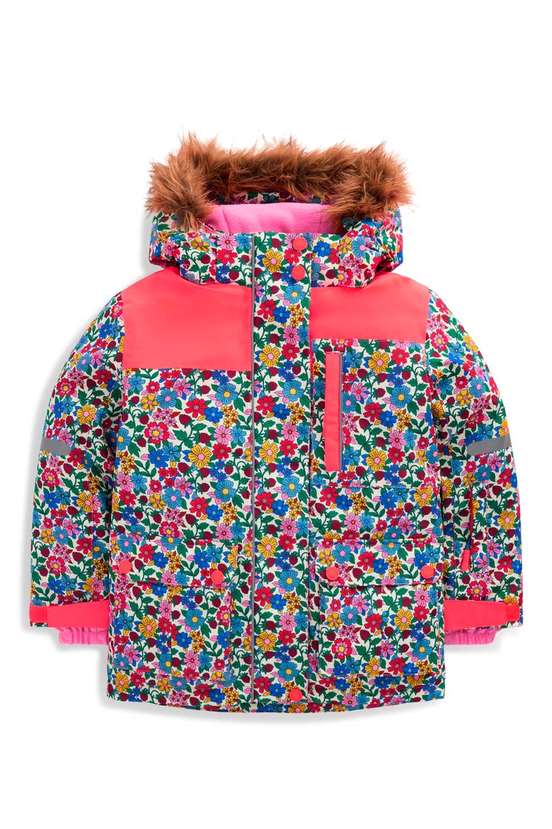 Kids' All-Weather Waterproof Faux Fur Trim Coat, Main, color, MULTI DITSY
