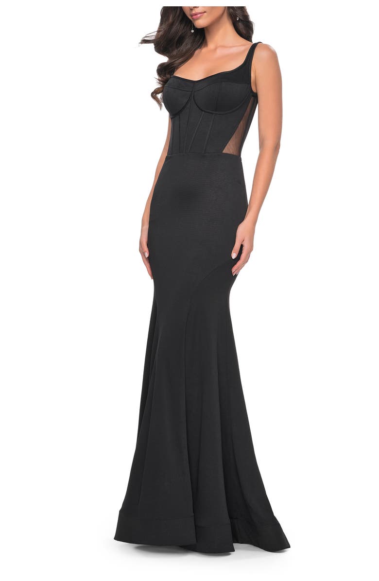 La Femme Mermaid Jersey Gown with Bustier Top and Lace Up Back, Main, color, Black