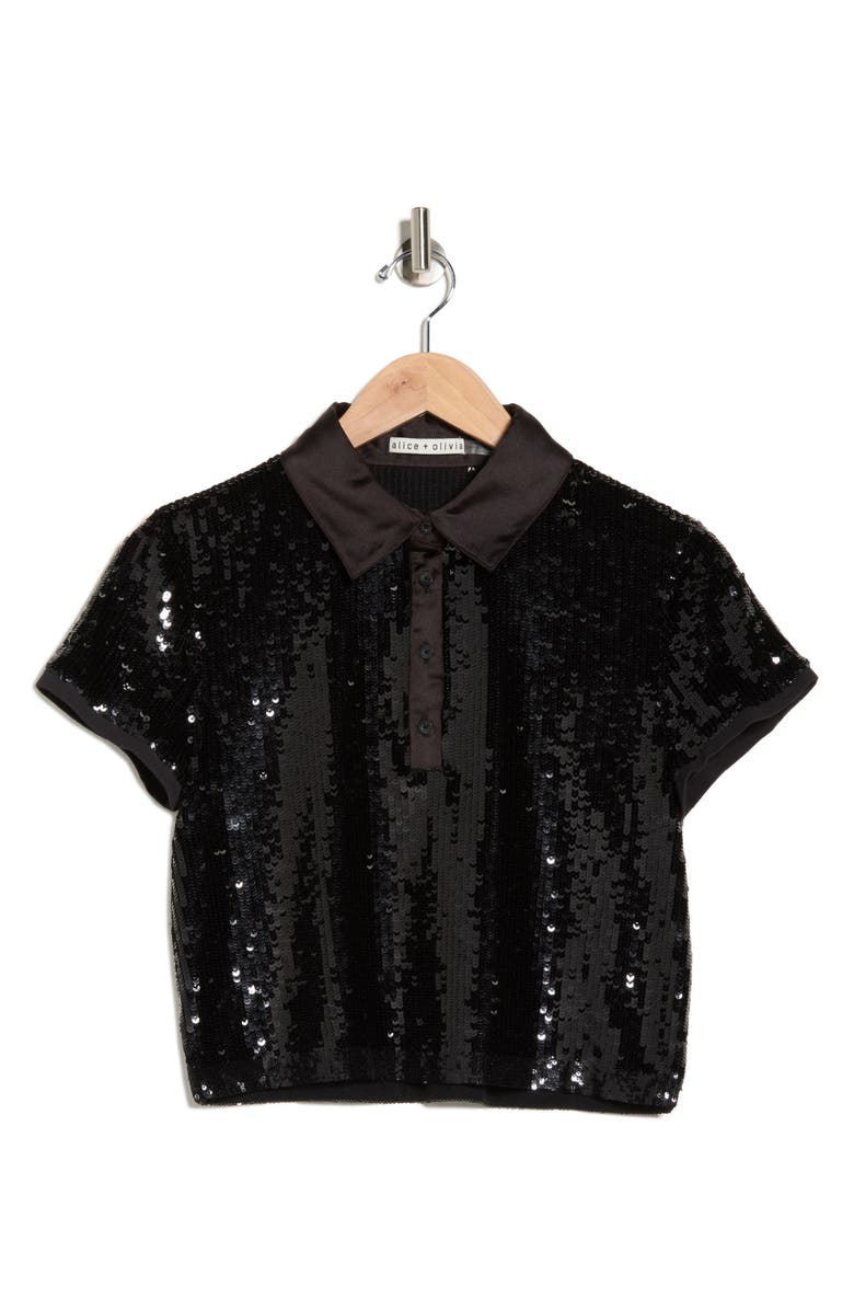 Alice + Olivia Sequin Knit Polo, Alternate, color, Black