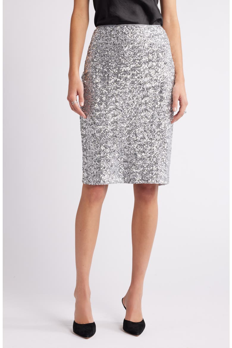 Sequin Pencil Skirt, Main, color, SILVER