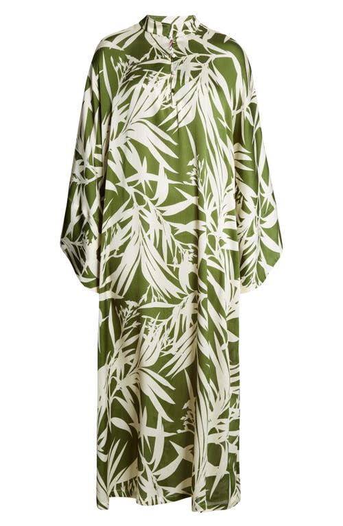 La Vie Style House Leaf Print Long Sleeve Satin Cover-up Caftan In Green/white