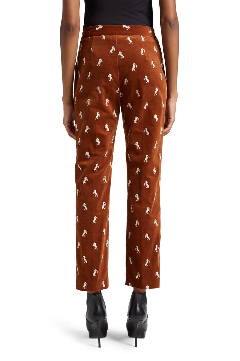 Rebel Embroidered Horse Print Stretch Cotton Velvet Crop Pants, Alternate, color, WHISKEY/ ECRU