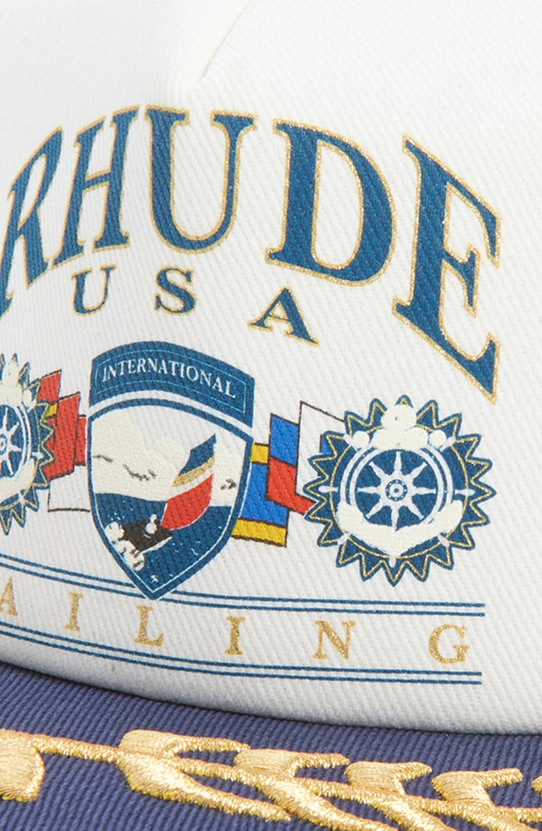 Rhude USA Sailing Icon Snapback Trucker Hat, Alternate, color, Navy/ White