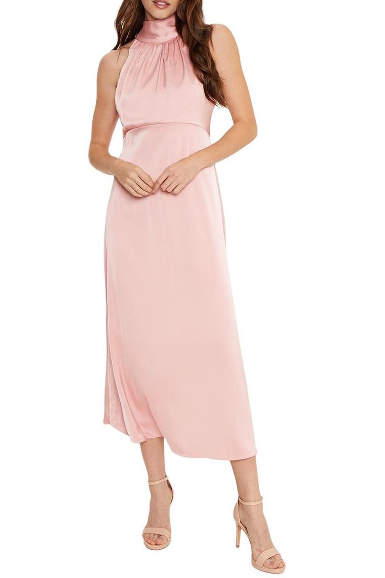 Satin Halter Neck Midi Bridesmaid Dress, Alternate, color, Blush