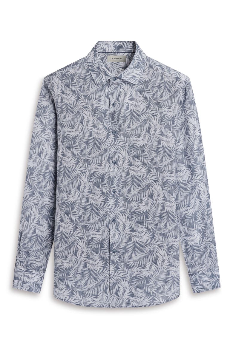 Julian Shaped Fit Palm Leaf Print Linen Button-Up Shirt, Alternate, color, NAVY