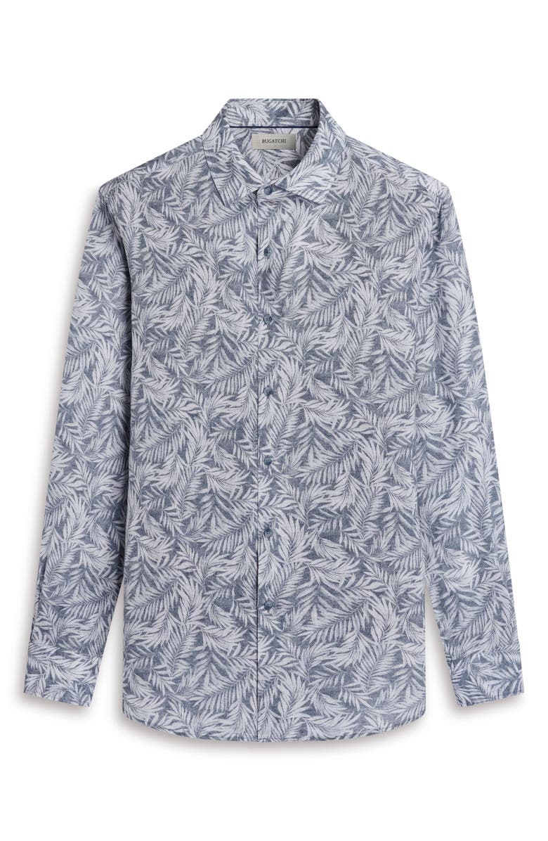 Bugatchi Julian Shaped Fit Palm Leaf Print Linen Button-Up Shirt, Alternate, color, Navy