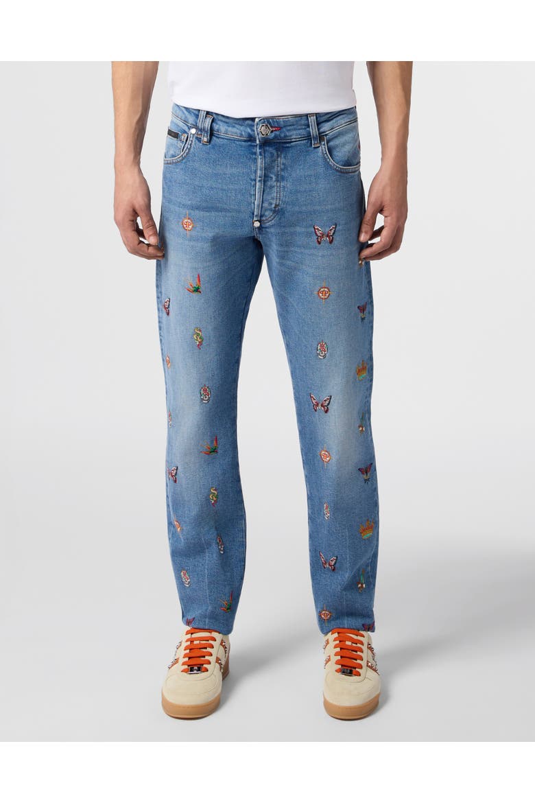 Embroidered Super Straight Cut Jeans Men, Main, color, Mykonos