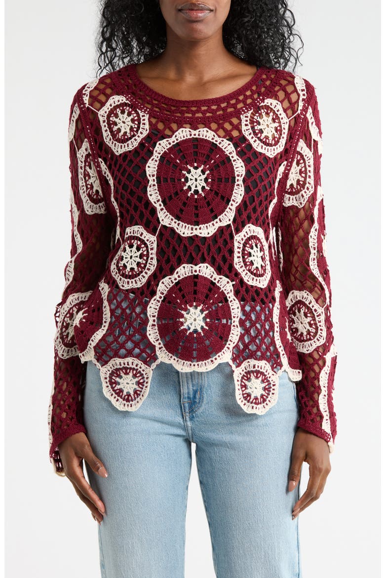 Circle Open Knit Sweater, Main, color, NATURAL/ CABERNET