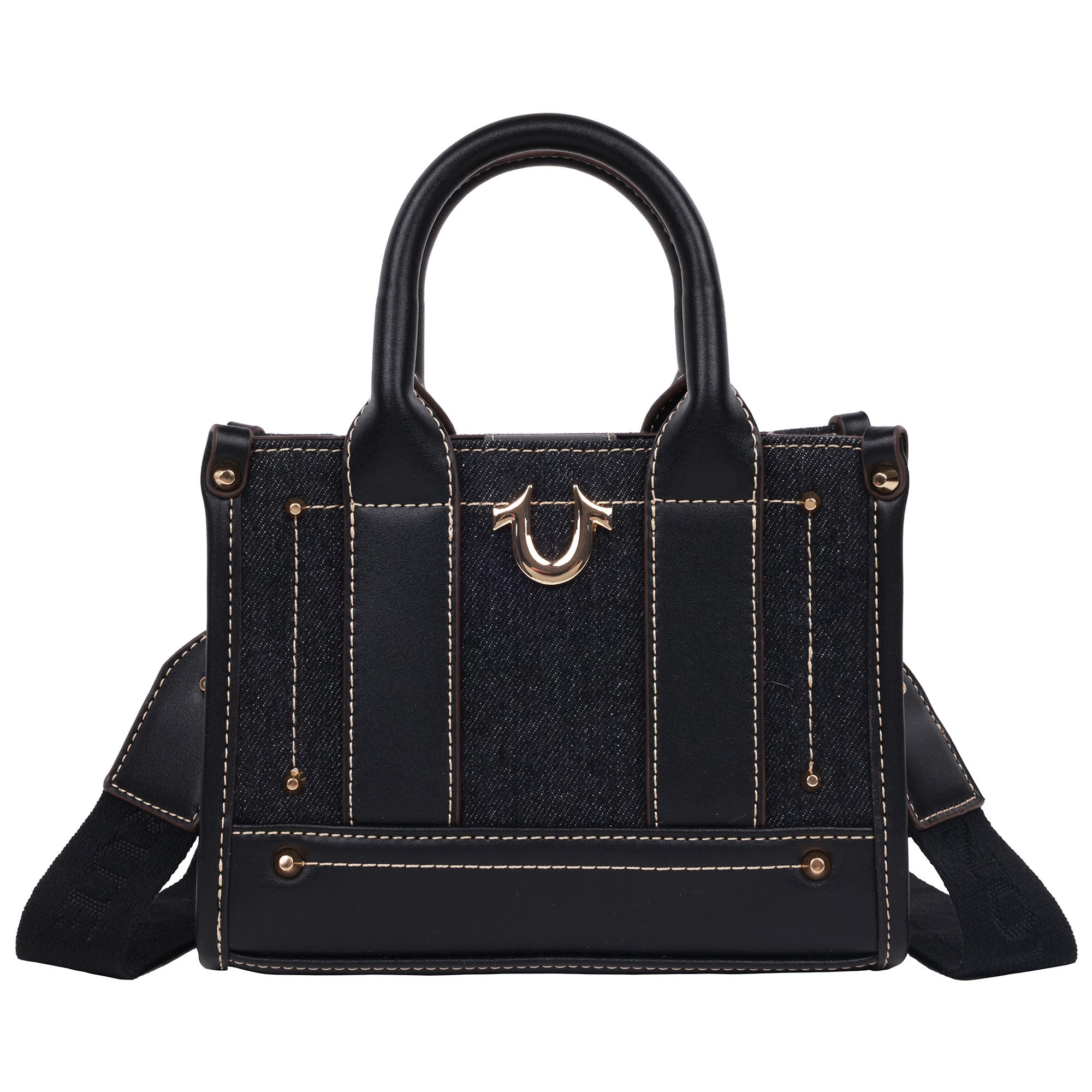 True Religion Denim Logo Strap Mini Tote, Main, color, Black