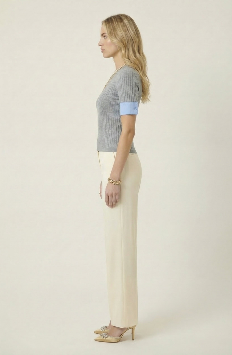 Modenaire Ribbed Knit Short Sleeve Top, Alternate, color, Heather Grey / Light Blue