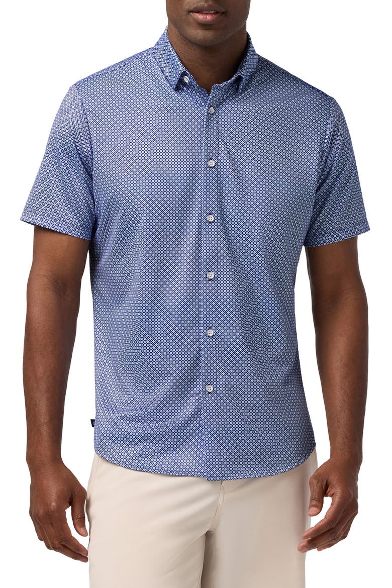 Halyard Trim Fit Diamond Short Sleeve Performance Button-Up Shirt, Main, color, NAVY ENLARGED DIAMOND