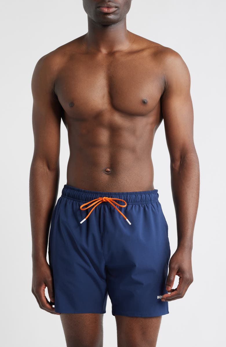 BOSS Tio Swim Trunks, Main, color, Navy