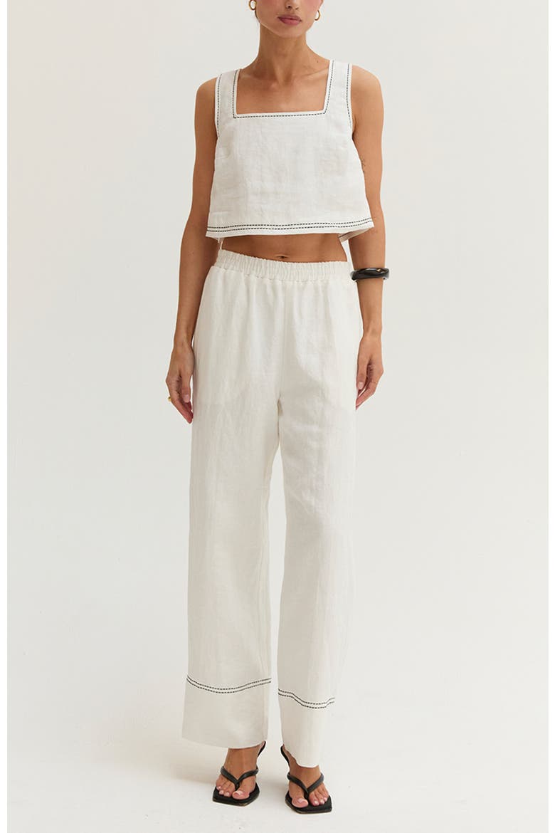Contrast Stitch Cropped Top & Pants Linen Two Piece Set, Main, color, White