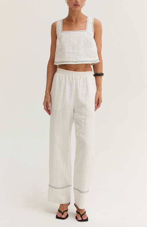 Contrast Stitch Cropped Top & Pants Linen Two Piece Set