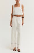 CRESCENT Contrast Stitch Cropped Top & Pants Linen Two Piece Set