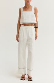 CRESCENT Contrast Stitch Cropped Top & Pants Linen Two Piece Set