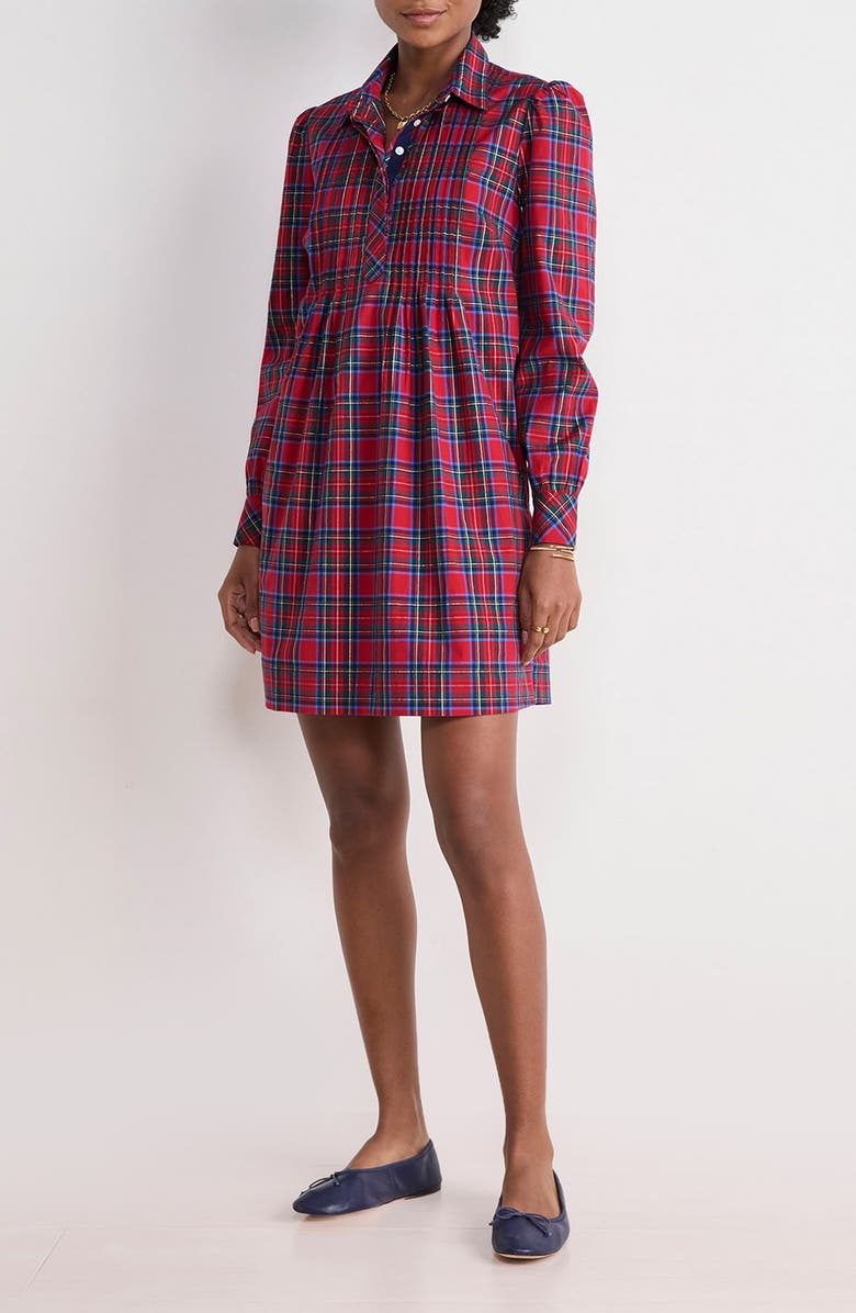 vineyard vines Plaid Long Sleeve Stretch Cotton Popover Dress, Main, color, Yuletide Tartan Medium Red