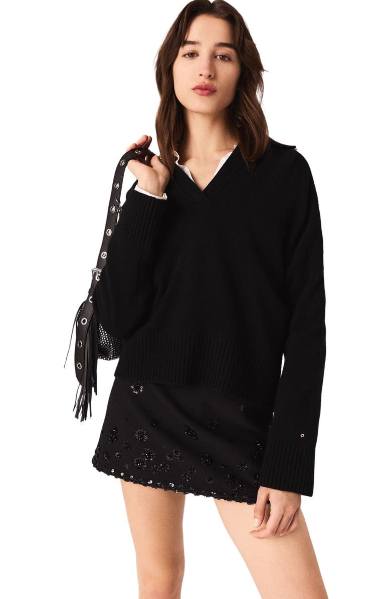 maje Open polo collar sweater, Alternate, color, Black