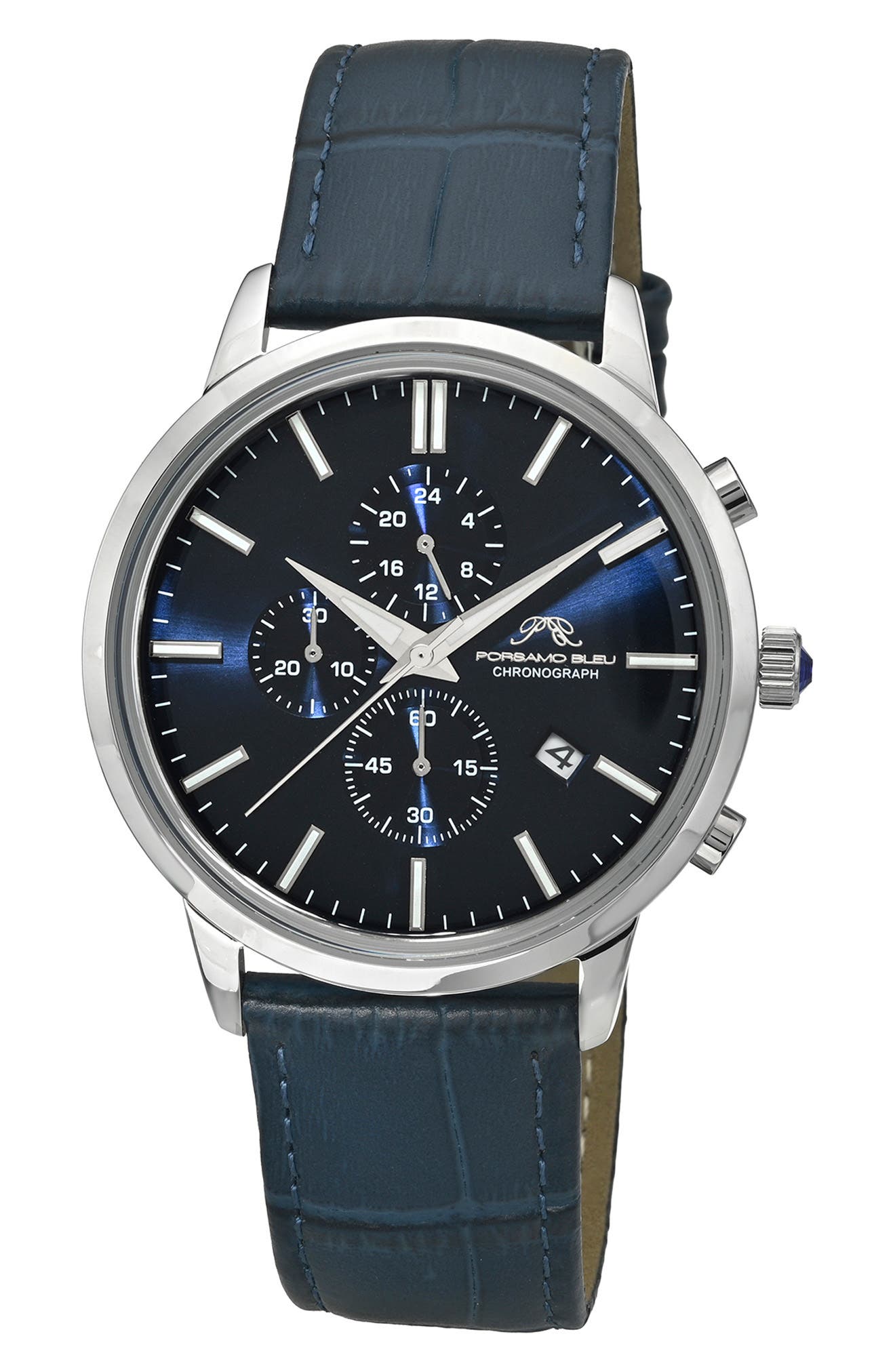Porsamo Bleu Aura Leather Strap Chronograph Watch, 44mm In Silver Blue