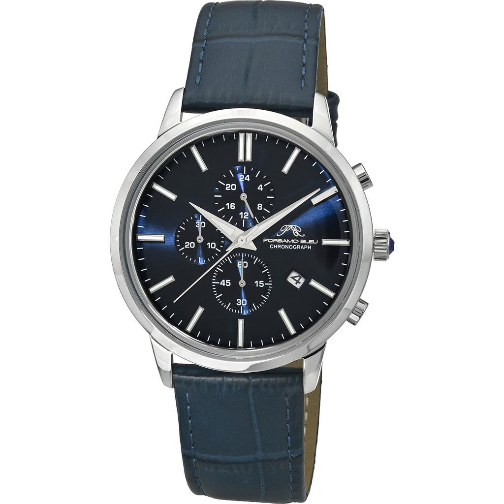 Porsamo Bleu Aura Leather Strap Chronograph Watch, 44mm In Silver Blue