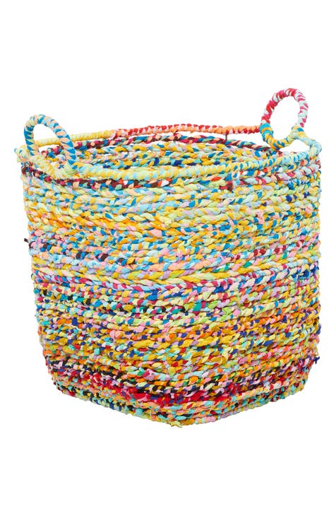 Multi Colored Cotton Bohemian Storage Basket with Handles