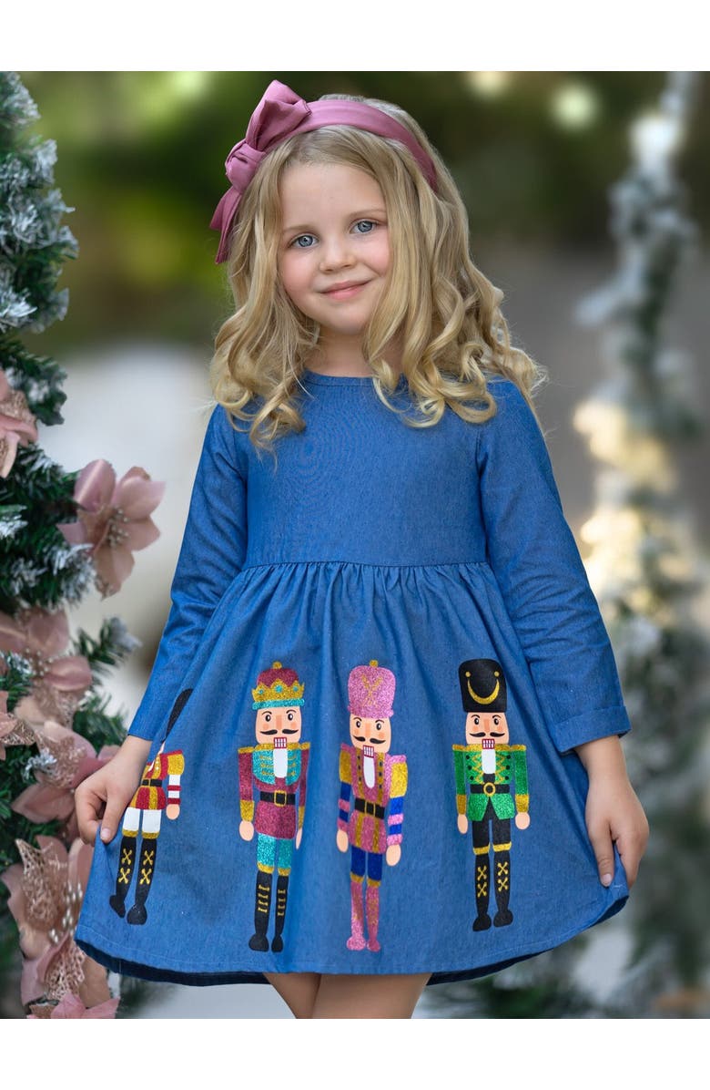 Mia Belle Girls Enchanting Nutcracker Glitter Chambray Dress, Alternate, color, Blue