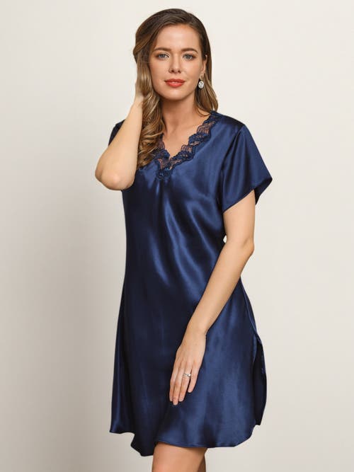 Silksilky Pure Silk Lace Neck Split Hem Nightgown In Darkblue