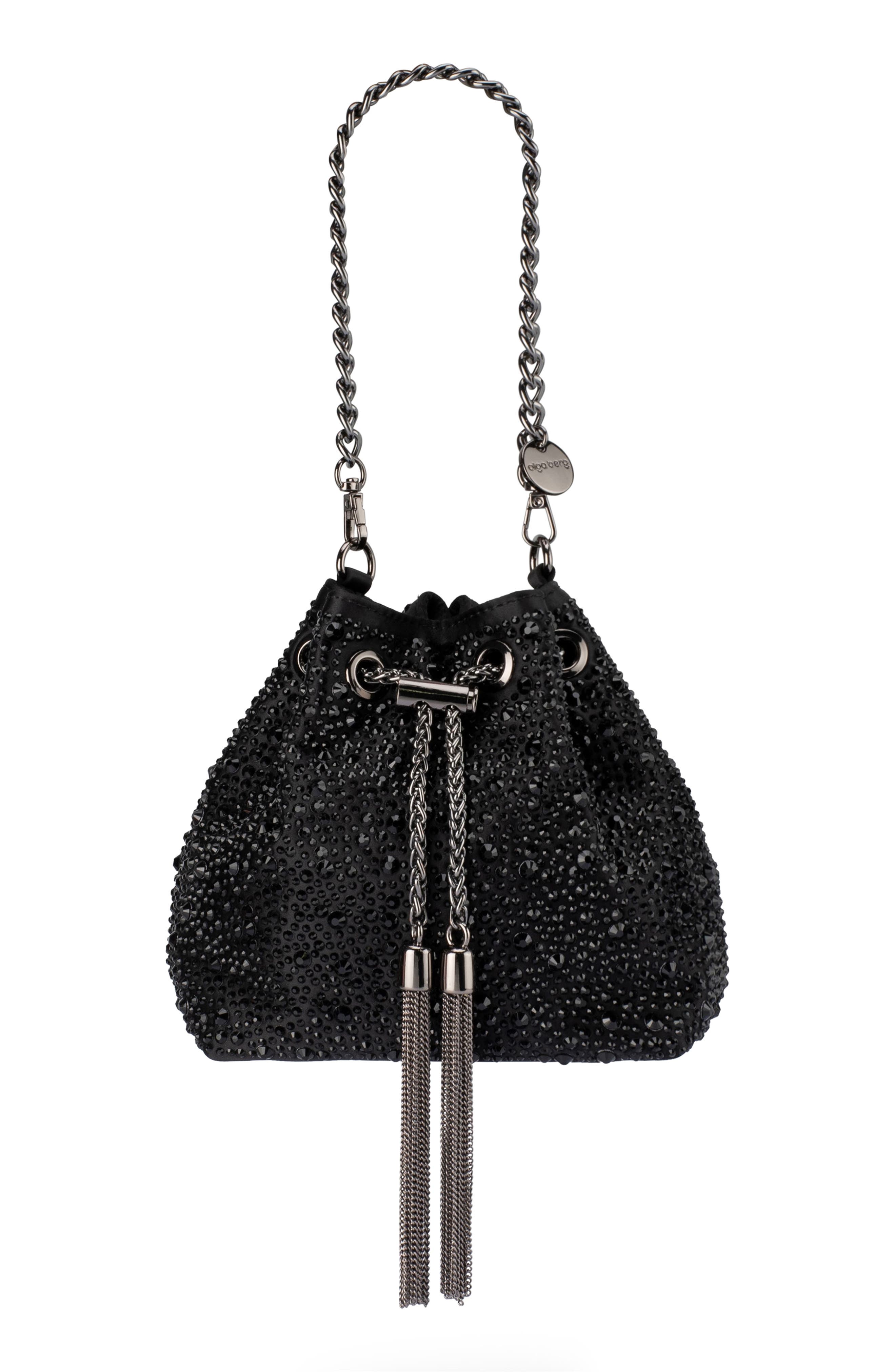 Olga Berg Mika Crystal Drawstring Top Handle Bag in Black 