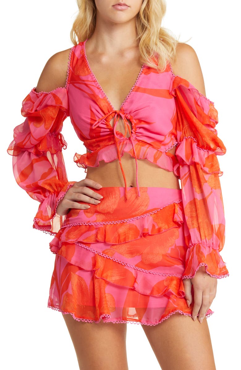 ASOS DESIGN Long Sleeve Cutout Ruffle Top, Main, color, 