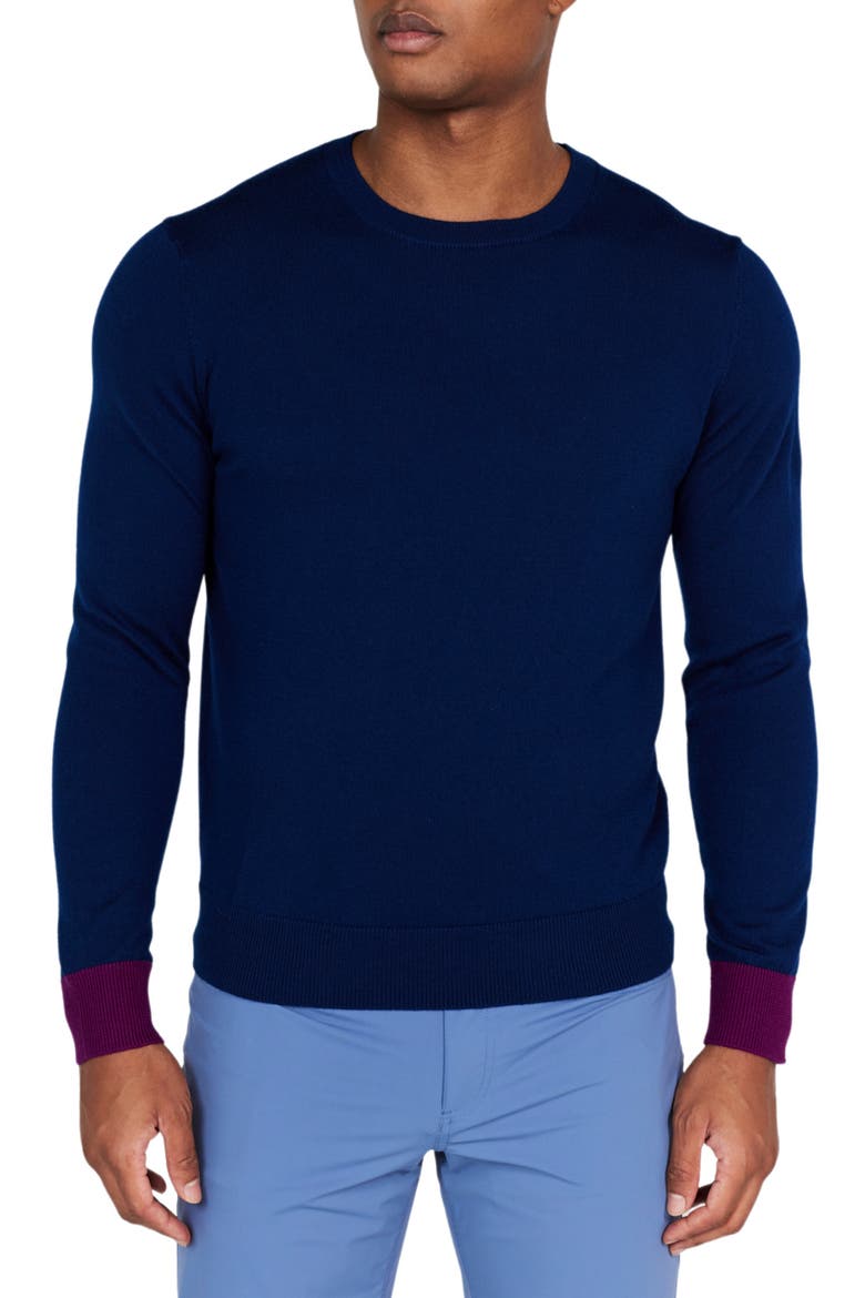 Windward Contrast Cuff Merino Wool Sweater, Main, color, NAVY