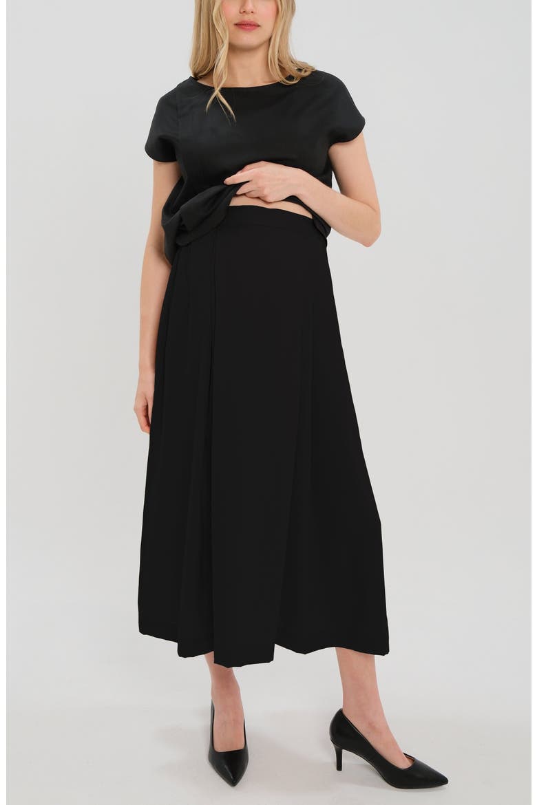 Women's Over-Under Bump Pleated Maternity Maxi Skirt in Cream Satin, Alternate, color, Black