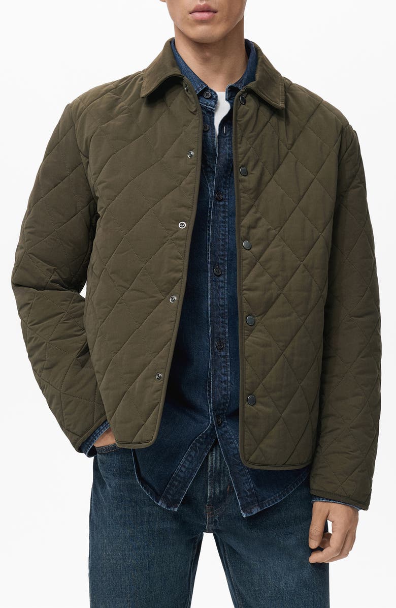 MANGO Water Repellent Quilted Jacket, Main, color, Olive Green