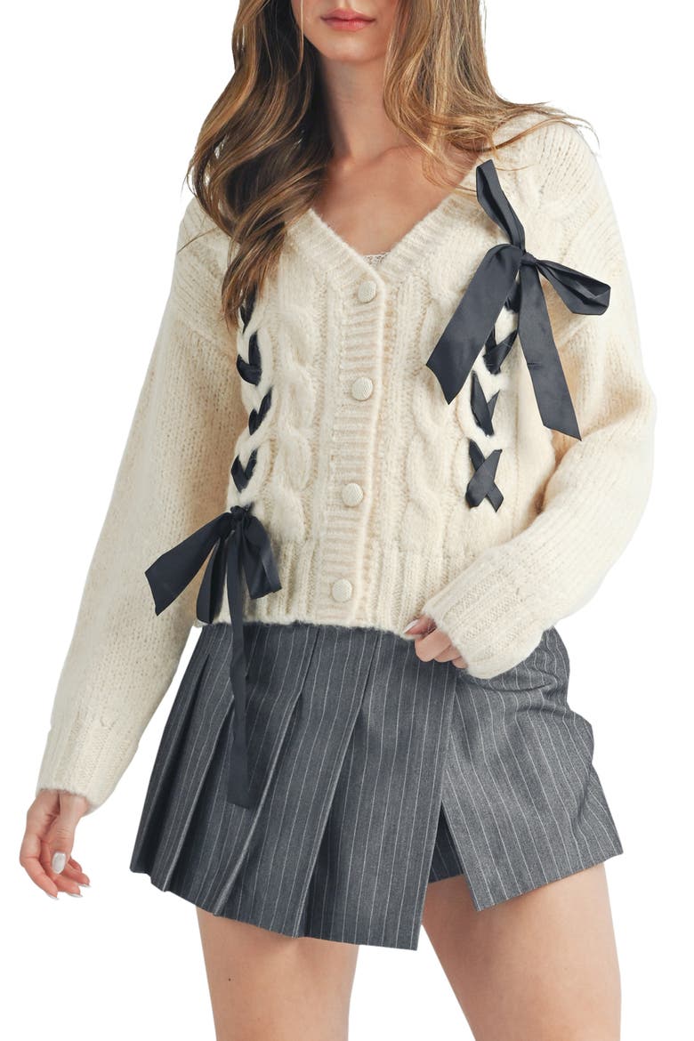 Bow Cable Stitch Cardigan, Main, color, BEIGE BLAC