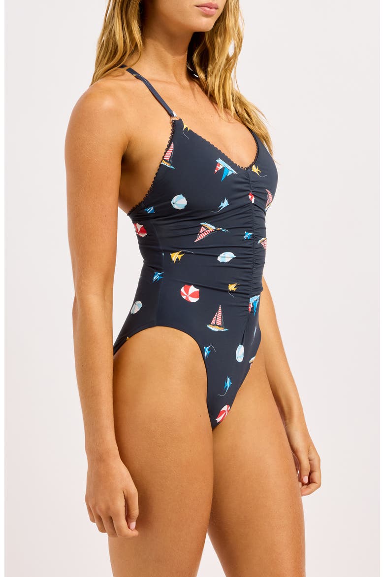Shirred One-Piece Swimsuit, Alternate, color, TRUE NAVY