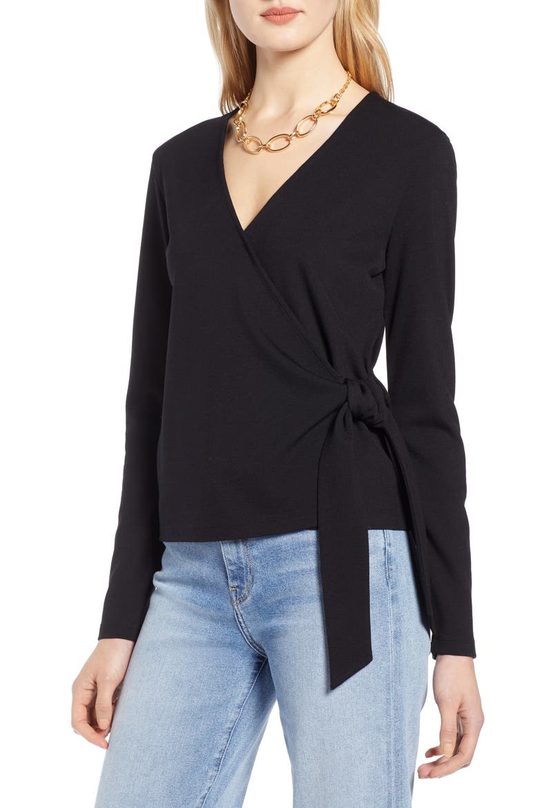 Ballet Wrap Ponte Knit Top, Main, color, BLACK