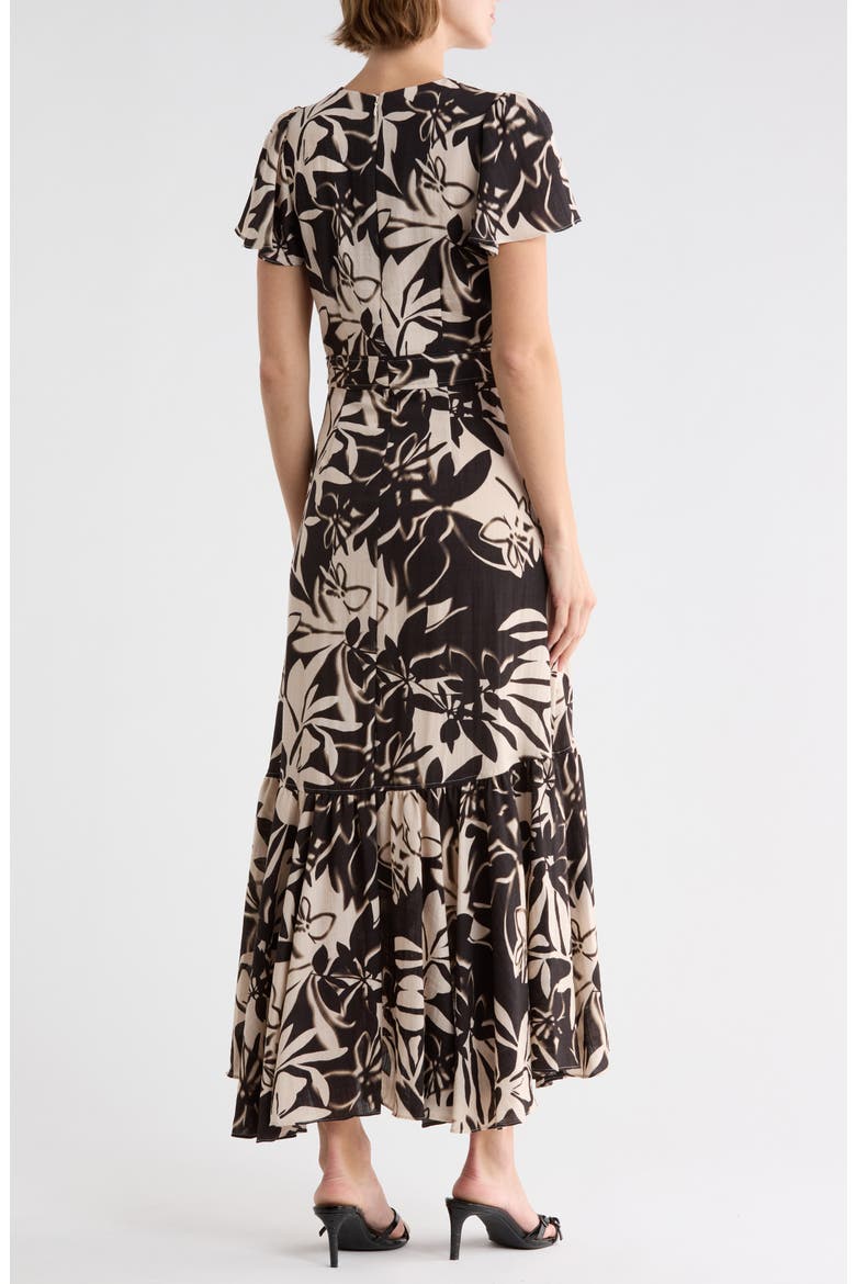 Floral Flutter Sleeve Faux Wrap Dress, Alternate, color, BK/ LT CITY