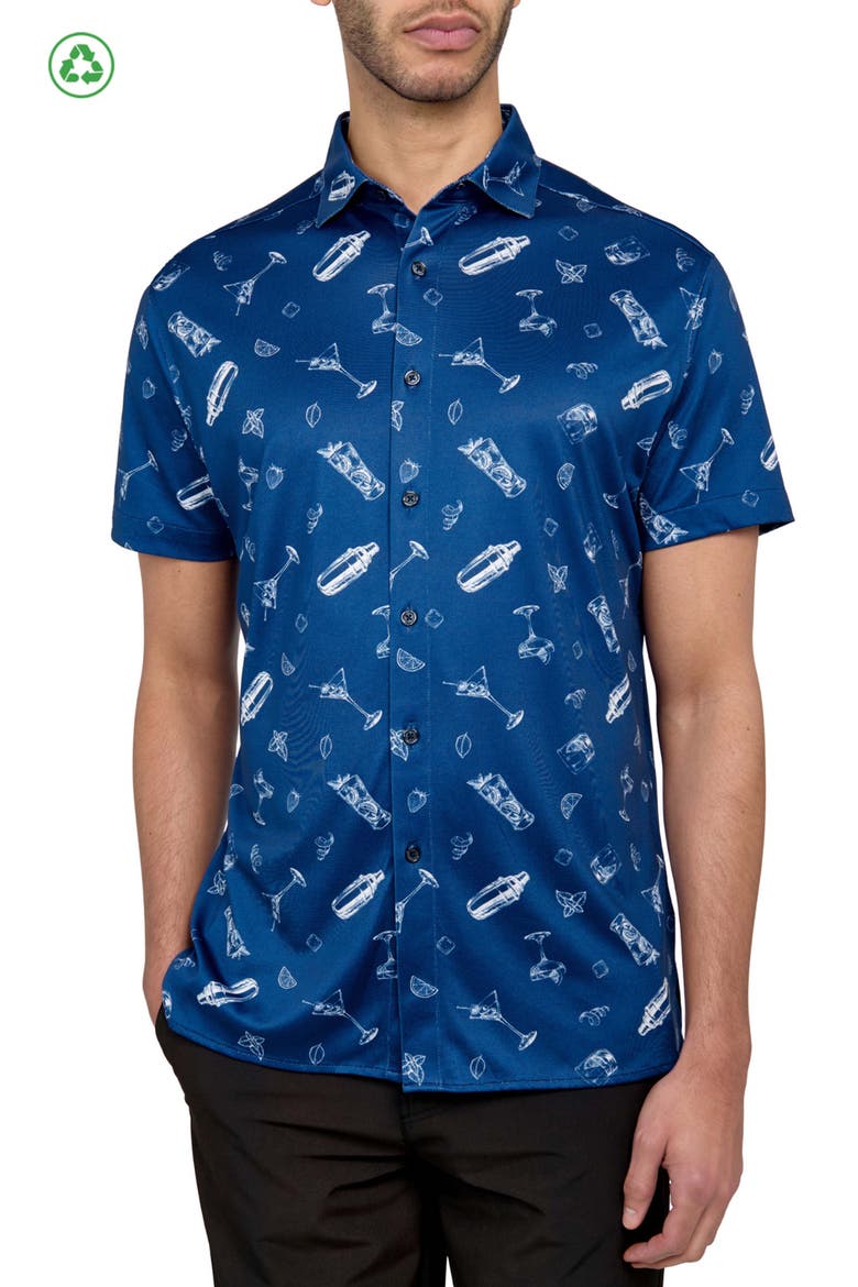 Regular Fit Cocktail Print Recycled Performance Golf Button-Down Shirt, Main, color, WHITE/BLUE