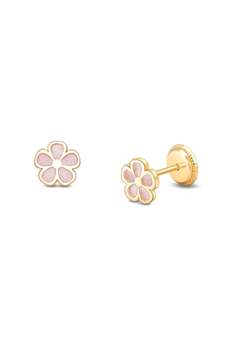 Tiny Blessings 14K Gold Genuine Bloom Mother of Pearl Flower Studs Screw Back Earrings, Main, color, 14K Yellow Gold