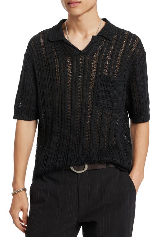 John Varvatos Odin Short Sleeve Textured Linen Johnny Collar Sweater In Black