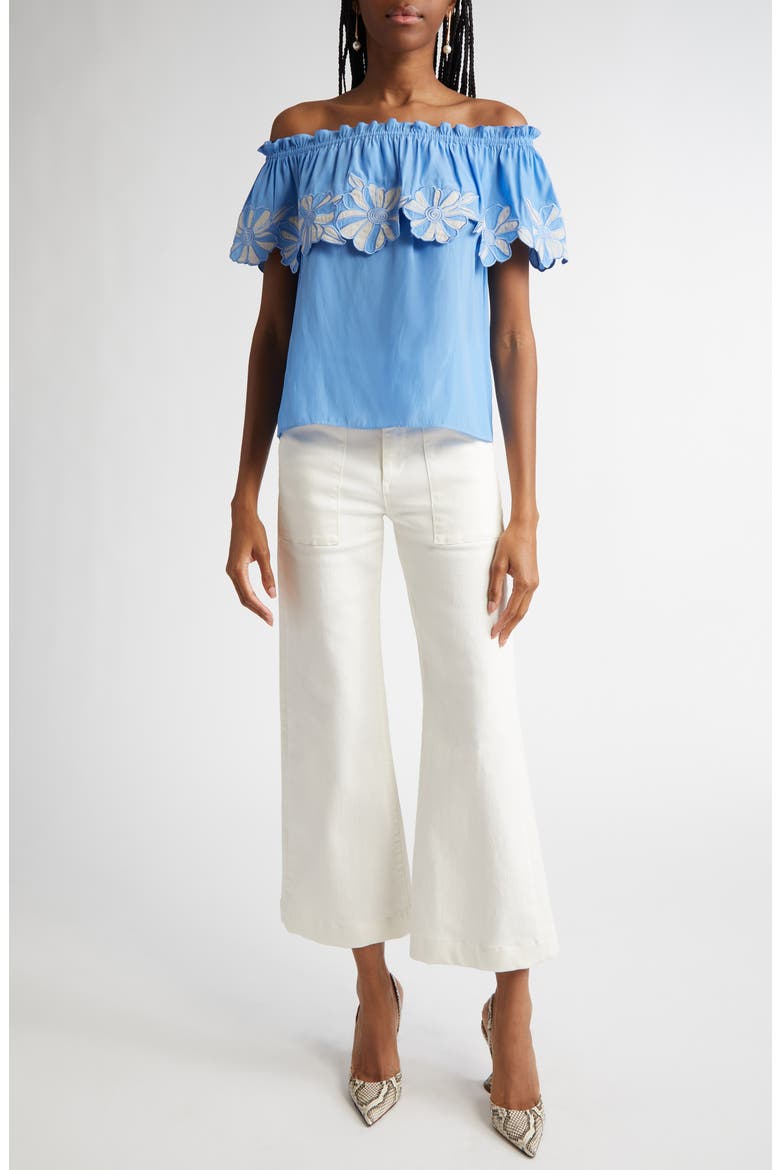 Terri Embroidered Floral Ruffle Off the Shoulder Top, Alternate, color, RIBBON BLUE