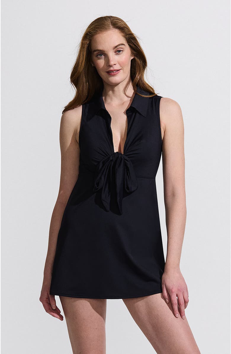 Lands' End Polo Collar Tie Front Swim Dress Swimsuit, Main, color, Black