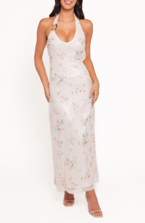 Lunara Sequin Floral Halter Maxi Dress