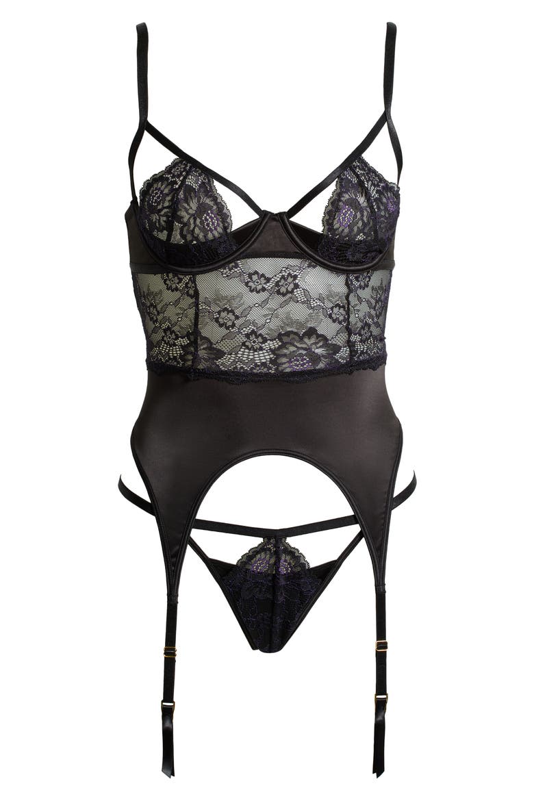 Demi Underwire Basque & Thong Set, Alternate, color, BLACK/ HELIOTROPE